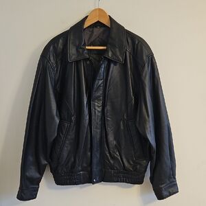 Sleek Black Leather Bomber Jacket